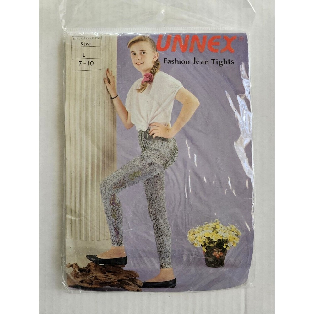 Unnex Fashion Jean Tights Girls Size Large 7-10 Novelty Dinosaur Print 90s Y2K